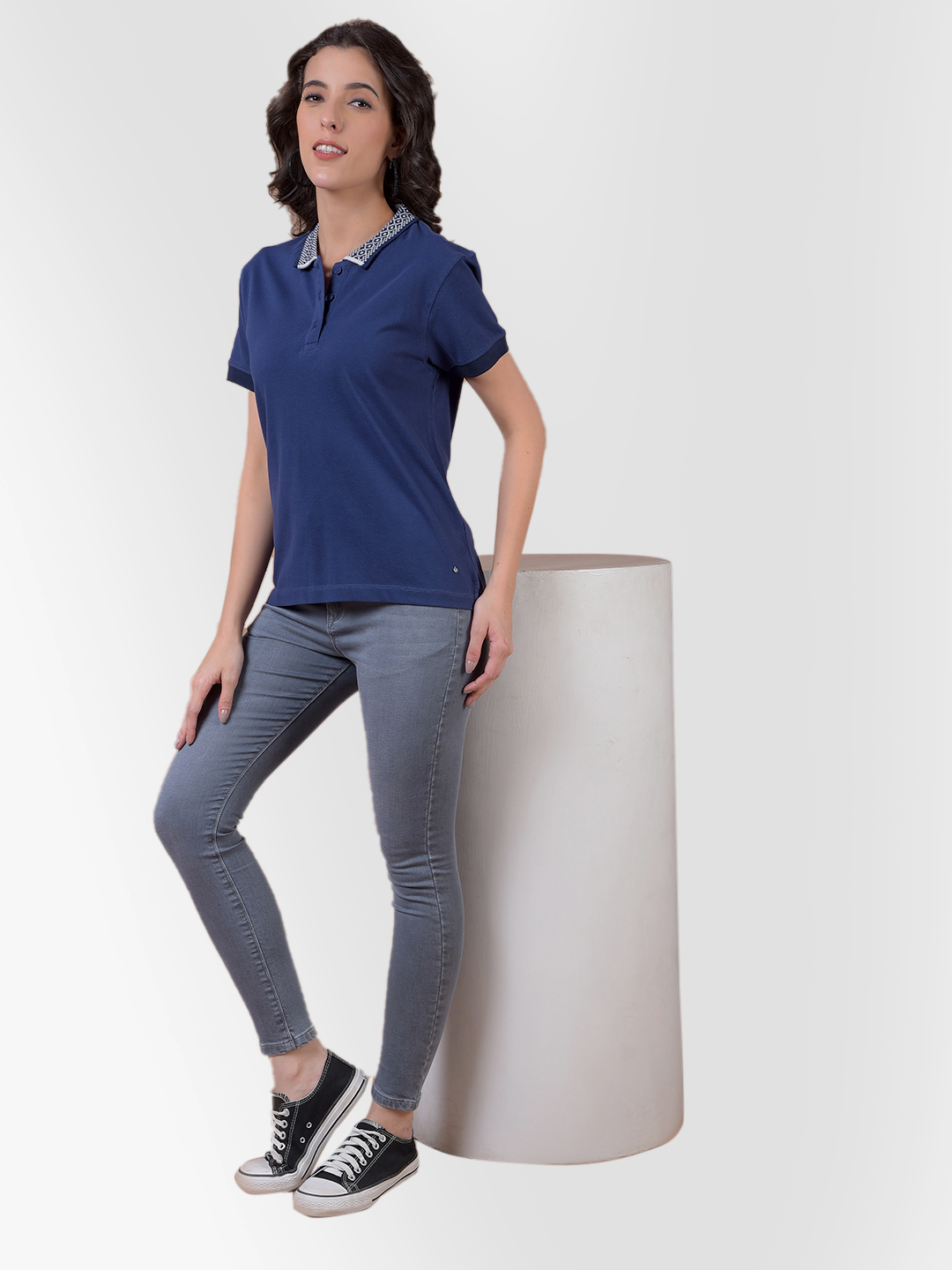 Numero Uno Women Navy Polo Neck T-Shirt With Printed Collar